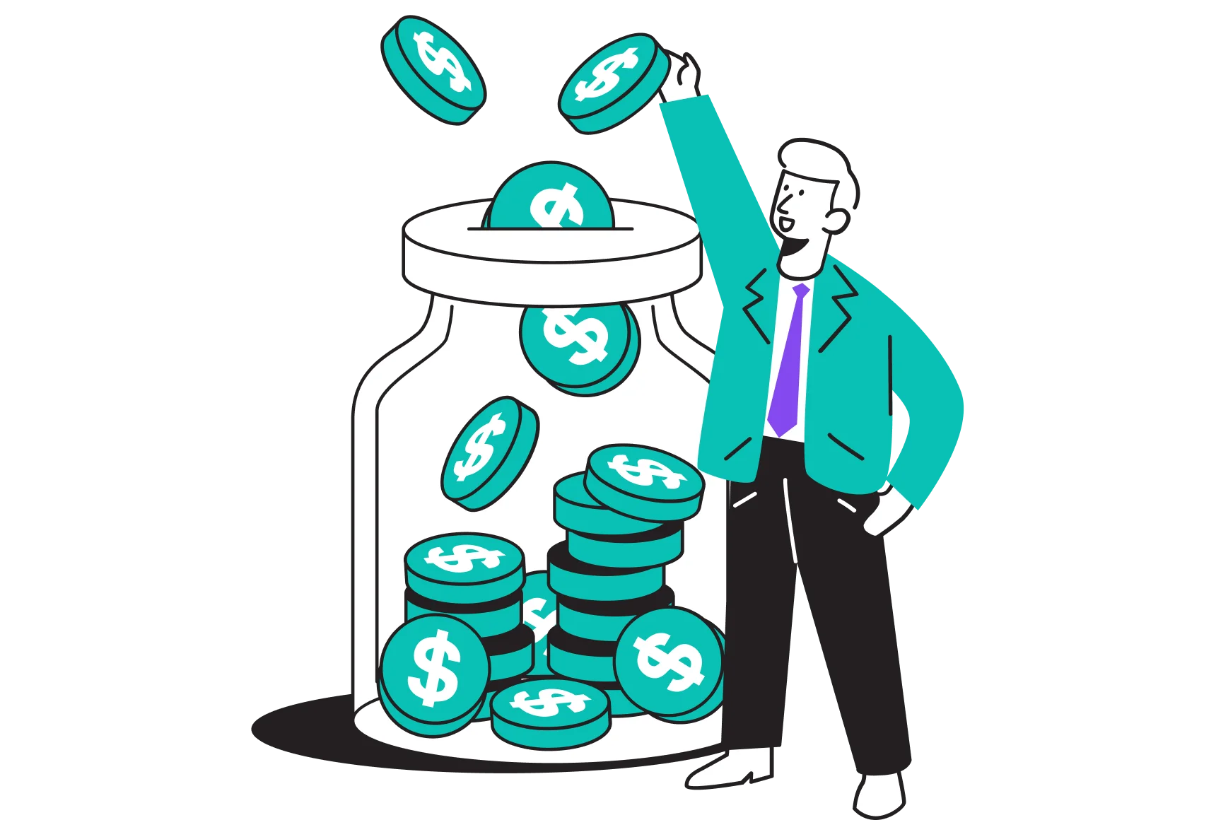 A man stands beside a jar filled with coins and bills, smiling as he looks at the money inside.