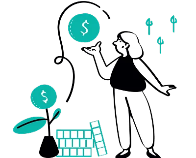 Illustration of a woman confidently holding a large dollar sign, symbolizing financial empowerment and success.