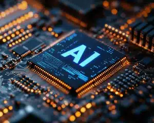 AI chip integrated into a motherboard, showcasing advanced technology and intricate circuitry.