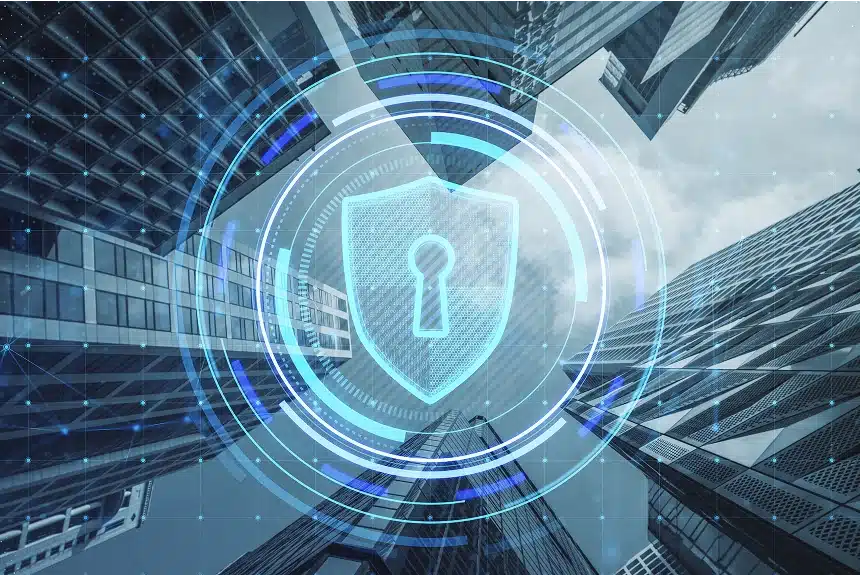 Image illustrating strategies to safeguard a business against cyberattacks, featuring security icons and protective measures.