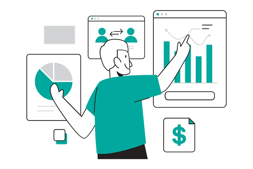 A man points at a chart displayed on a screen, illustrating data or trends for an audience.