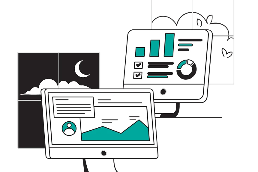 Two computer monitors displaying various graphs and charts, illustrating data analysis and trends.