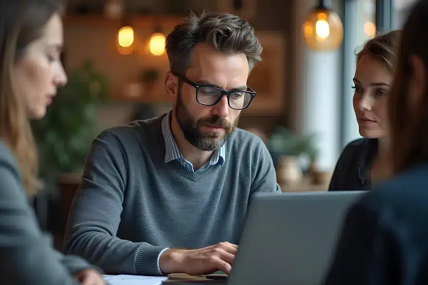 A man with glasses and a beard sits at a table with two women, engaged in conversation.