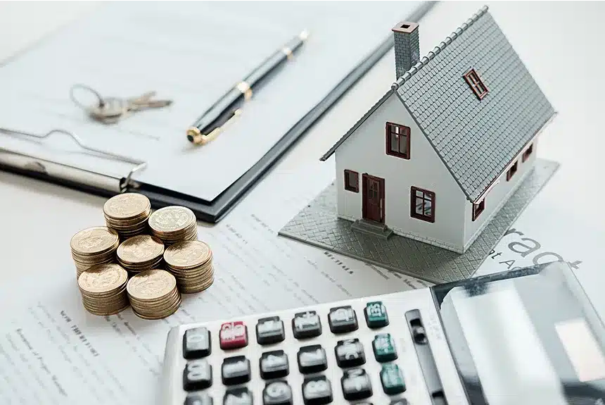 Image illustrating steps to buy a house with a mortgage, including budgeting, loan options, and closing processes.