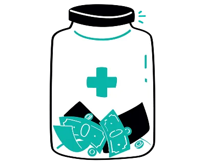 A jar filled with coins and bills, topped with a wooden cross, symbolizing faith and financial blessings.