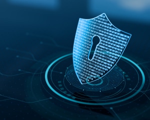 A digital interface displaying a shield symbolizing security and protection in a technological environment.