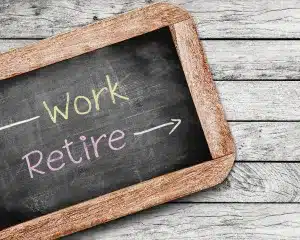 A chalkboard illustrating the concept of work retirement, featuring relevant symbols and phrases related to retirement planning.