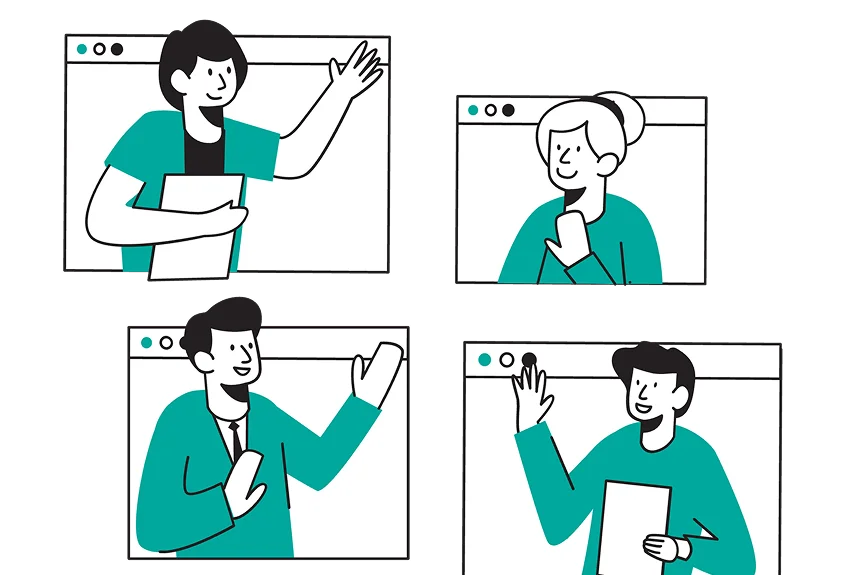 Four illustrations depicting diverse people engaged in conversation with each other in various settings.