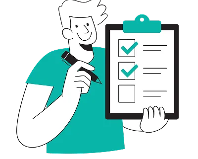 Man holding a clipboard with a checklist, appearing focused and engaged in a task or assessment.