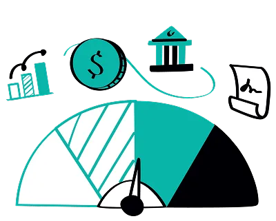 A meter displaying multiple money icons, symbolizing financial metrics or wealth assessment.