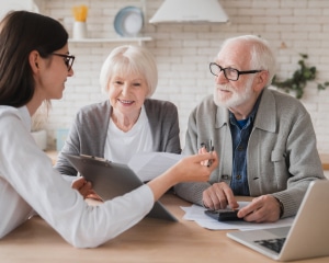 A woman and two men engage in conversation with an older couple in a warm, friendly setting.