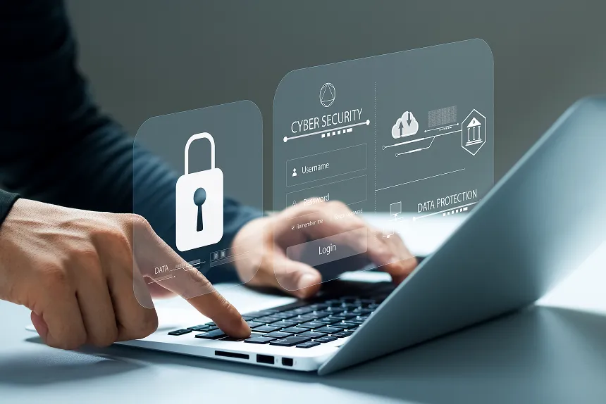Image illustrating strategies for safeguarding a business against cyber attacks, featuring a shield and digital security icons.