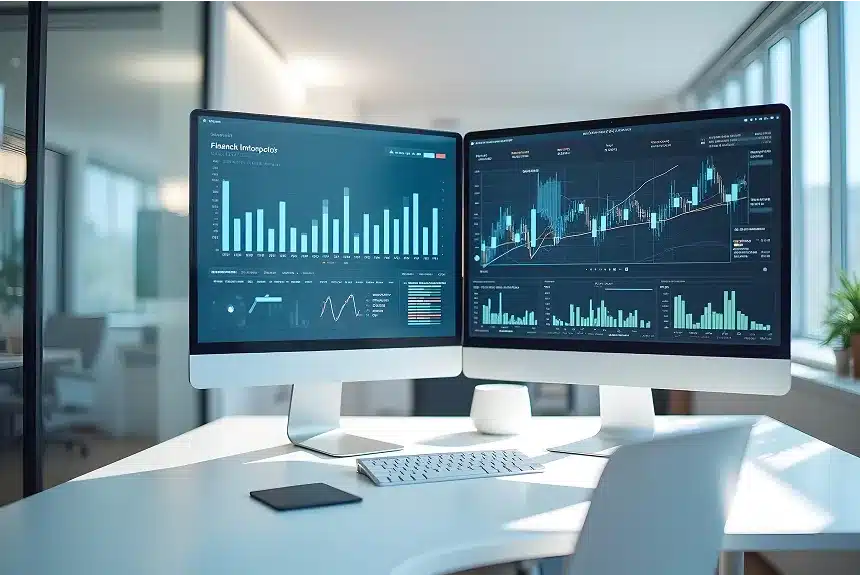 Two computer monitors displaying various graphs, illustrating data analysis and trends in a professional setting.