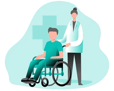 A doctor assists a man in a wheelchair, demonstrating support and care in a medical setting.