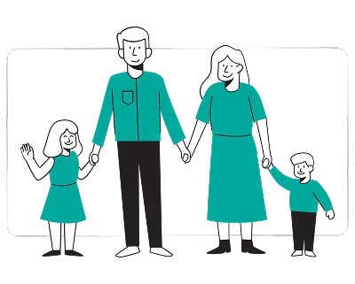 A family of four stands together against a black background, smiling and posing closely.