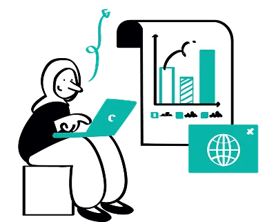 A woman seated on a chair, working on a laptop with a graph displayed on the screen in front of her.