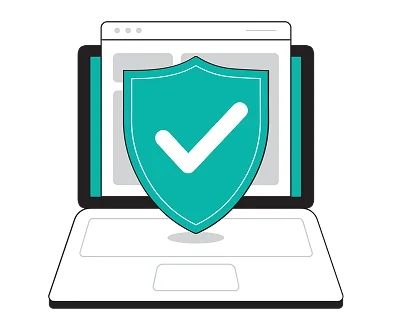 A laptop with an open browser window displaying a large teal shield with a white checkmark, symbolizing security and protection.