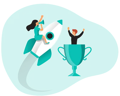 A man and woman joyfully ride on a colorful rocket ship, soaring through a bright blue sky filled with fluffy clouds.