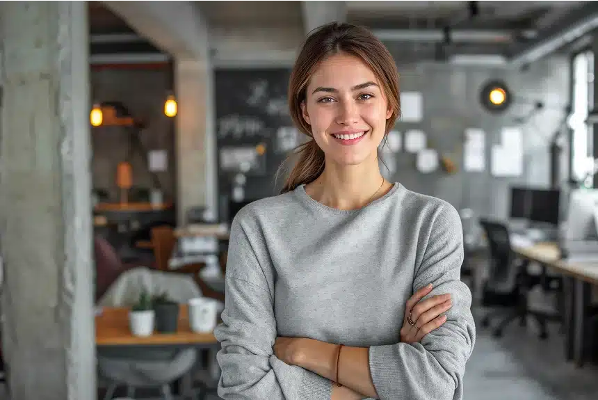 A woman stands in an office with her arms crossed, conveying a confident and professional demeanor.