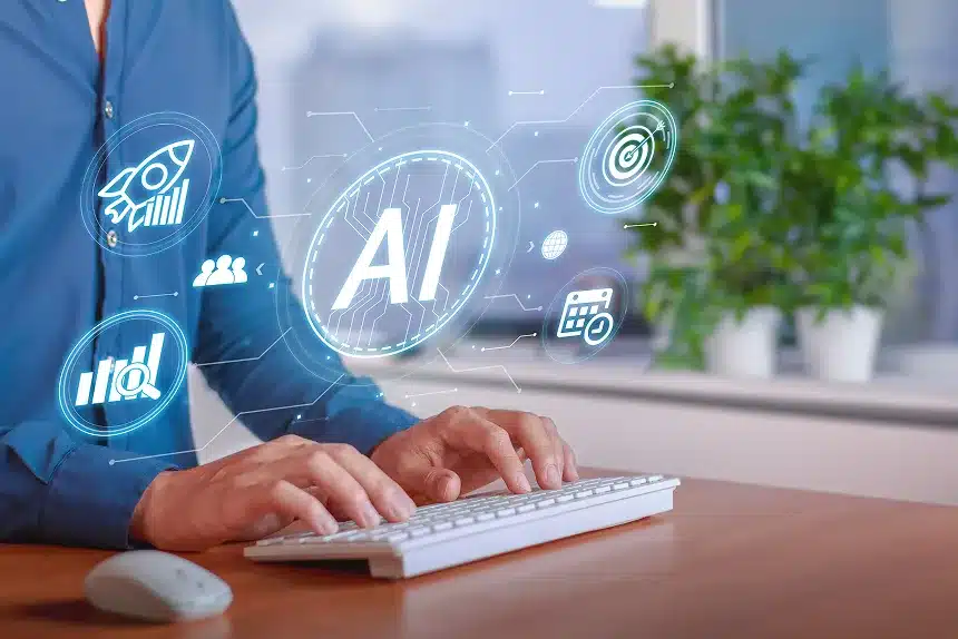 Image depicting AI and machine learning technologies integrated into a modern workplace environment with diverse professionals collaborating.