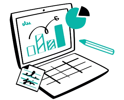 A laptop displaying a graph alongside a pen, suggesting data analysis or note-taking.