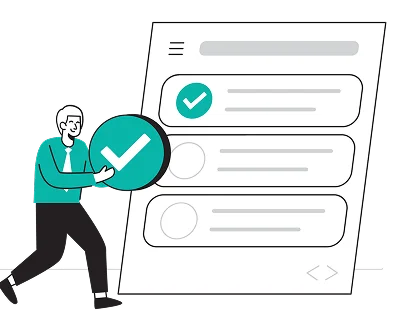 A person in a teal shirt and tie holds a large check mark next to a checklist on a screen, symbolizing task completion and organization.