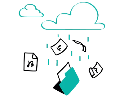 A large cloud rains documents into an open teal folder against a black background, suggesting data transfer or cloud storage. The mood is dynamic and tech-focused.