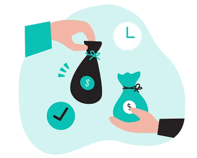 A hand holding a bag filled with money and a coin, symbolizing wealth and financial success.