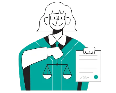 Lawyer holding a legal document featuring scales of justice, symbolizing law and fairness.