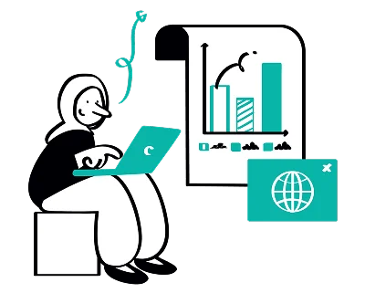 A cartoon person wearing a hoodie works on a laptop while viewing a bar chart. The screen shows a globe icon, suggesting online data analysis.