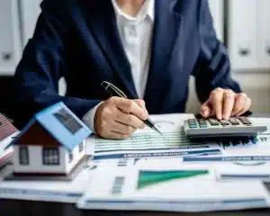 Businesswoman calculating finances with a calculator and a house model on her desk, focused on financial planning.