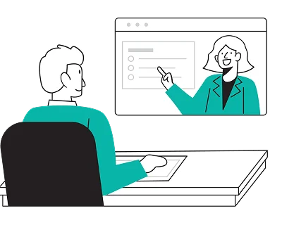 A person sits at a desk, engaged in a video call on a computer. The screen shows another person pointing at a presentation, illustrating a professional online meeting.