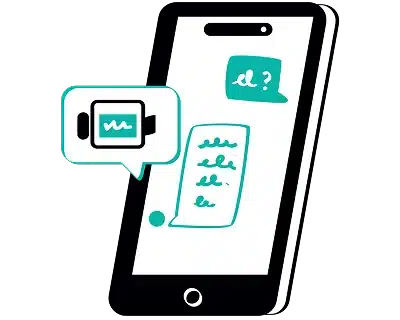 A phone displaying a messaging app with a teal speech bubble showing a smartwatch icon. Another bubble has el? and illegible text, on a black background.