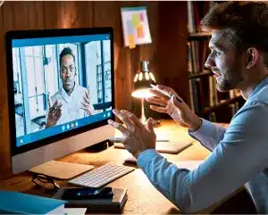 A man seated at a desk, engaged in a video chat on his computer screen.