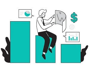 A man sits on a bar chart surrounded by graphs and money icons, symbolizing financial analysis and growth.