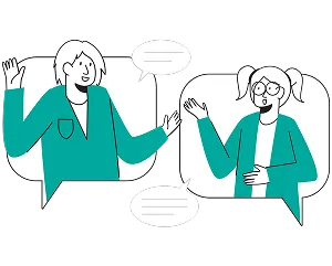 Two individuals engaged in conversation, represented by overlapping speech bubbles illustrating their dialogue.