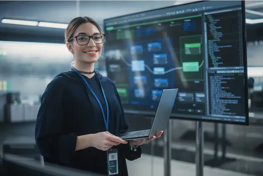 A woman wearing glasses holds a laptop in front of a large screen, engaged in a presentation or discussion.