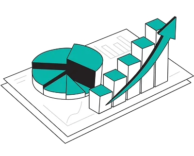 A teal pie chart and bar graph with an upward trend arrow on a document, symbolizing growth and success in data analysis and business performance.