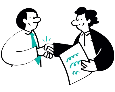 Two illustrated characters smile and shake hands. One holds a document filled with wavy lines, signifying agreement or collaboration. Tone is positive and professional.
