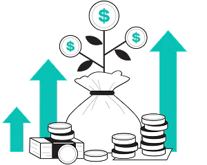 A bag of money and coins with upward-pointing arrows, symbolizing financial growth and increasing wealth.