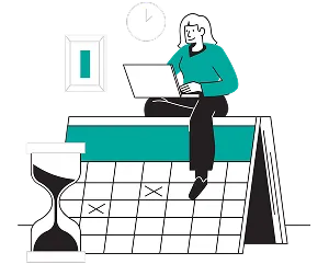 A woman focused on her laptop, seated at a desk with a notepad and coffee cup beside her.