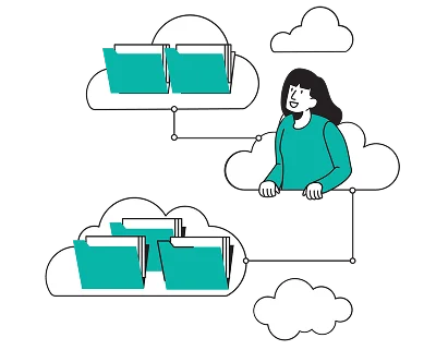 Illustration of a smiling person in a cloud, connected to two other clouds. Each cloud contains teal folders, symbolizing cloud data or file sharing.