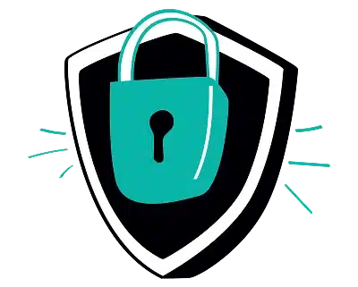 A teal lock centered on a black shield with a white outline, surrounded by small lines suggesting security and protection. The background is black.