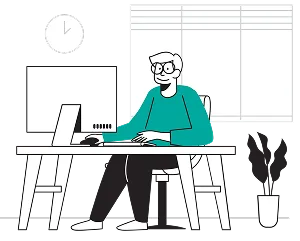 A man focused on his work at a desk, with a clock visible in the background indicating the time.