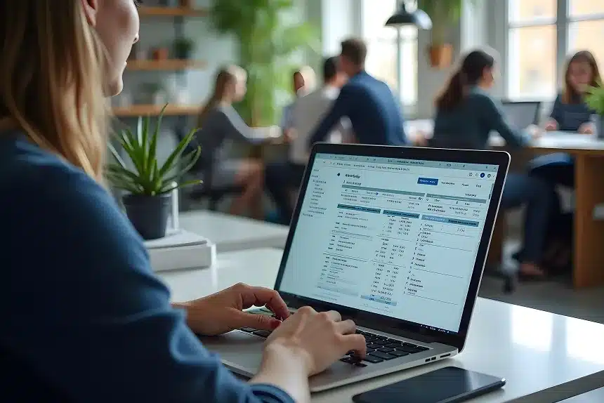 A woman focused on her laptop while seated at a desk in a modern office environment.