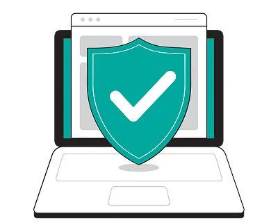 Image illustrating steps to protect a laptop from malware, featuring antivirus software, firewalls, and safe browsing tips.