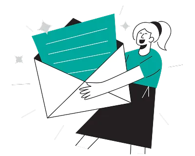 A woman with long hair holds an envelope, looking thoughtfully at it, set against a simple, light-colored background.