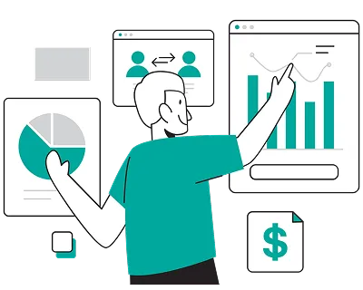A man points at a chart displayed on a screen, indicating data or trends during a presentation.