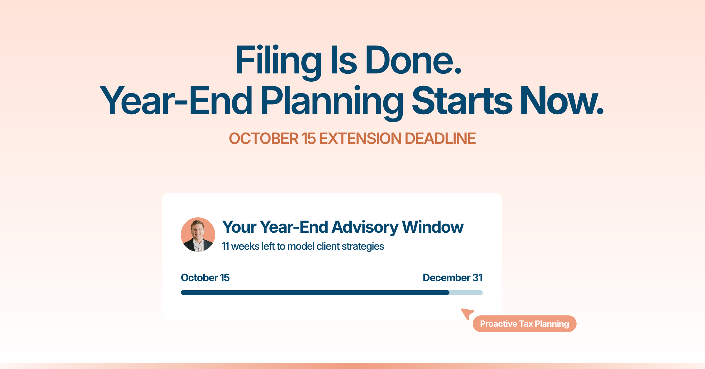 Header banner titled Filing Is Done Year-End Planning Starts Now illustrating the October 15 to December 31 planning window for financial advisors